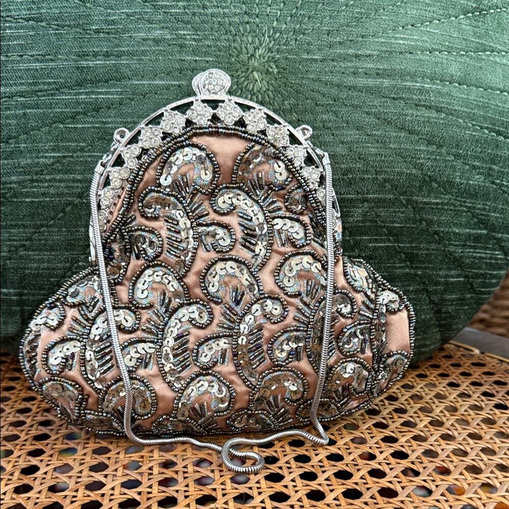 Vintage Rose Satin Silver Sequin Rhinestone Bridgerton Wristlet Evening Bag